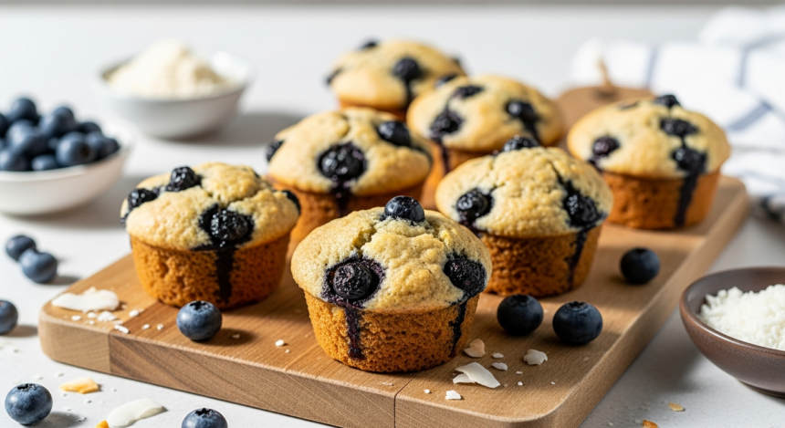 Golden paleo blueberry muffins made with almond flour, grain-free and naturally sweetened, baked until fluffy and moist