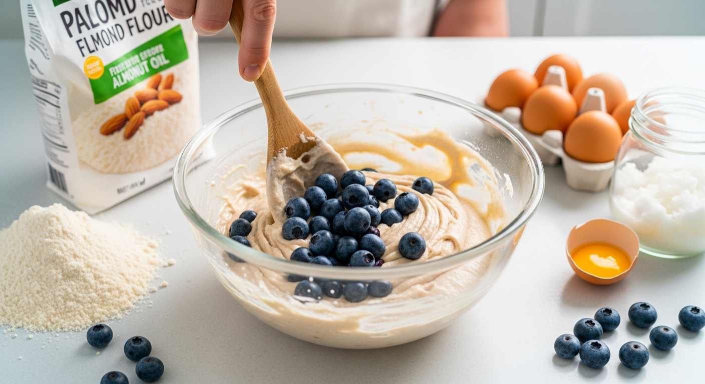 Mixing paleo blueberry muffin batter with almond flour and fresh blueberries in a bowl during preparation