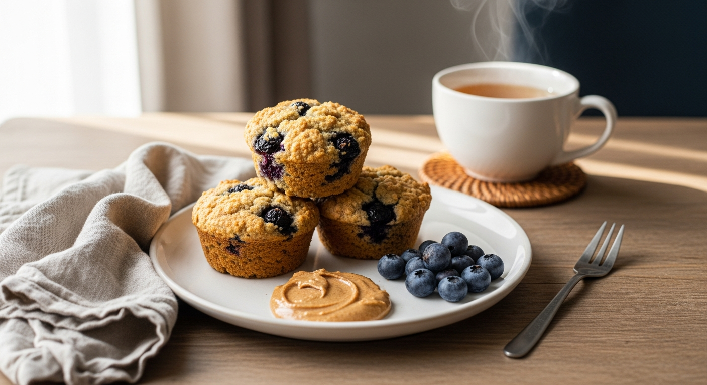 Paleo blueberry muffins served on a table with almond butter, fresh blueberries, and herbal tea