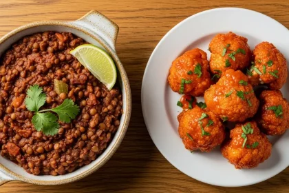 A hearty bowl of rich red lentil chili garnished with fresh cilantro and a lime wedge, served alongside a plate of crispy golden-brown gluten-free cauliflower wings coated in buffalo sauce.