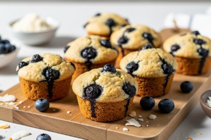 Golden paleo blueberry muffins made with almond flour, grain-free and naturally sweetened, baked until fluffy and moist