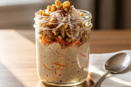 A beautiful glass jar filled with creamy carrot cake overnight oats, topped with toasted walnuts, shredded coconut, and a sprinkle of cinnamon, with a spoon resting beside it.