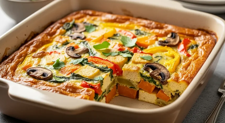 Hearty vegan breakfast casserole baked until golden with tofu, vegetables, and sweet potatoes, plant-based breakfast dish served warm for a healthy morning