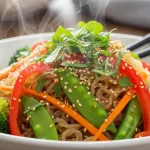 Savor Flavor low-calorie konjac noodles stir-fry served in a bowl with colorful vegetables, healthy Asian-inspired meal, light and vibrant food photography