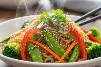 Savor Flavor low-calorie konjac noodles stir-fry served in a bowl with colorful vegetables, healthy Asian-inspired meal, light and vibrant food photography