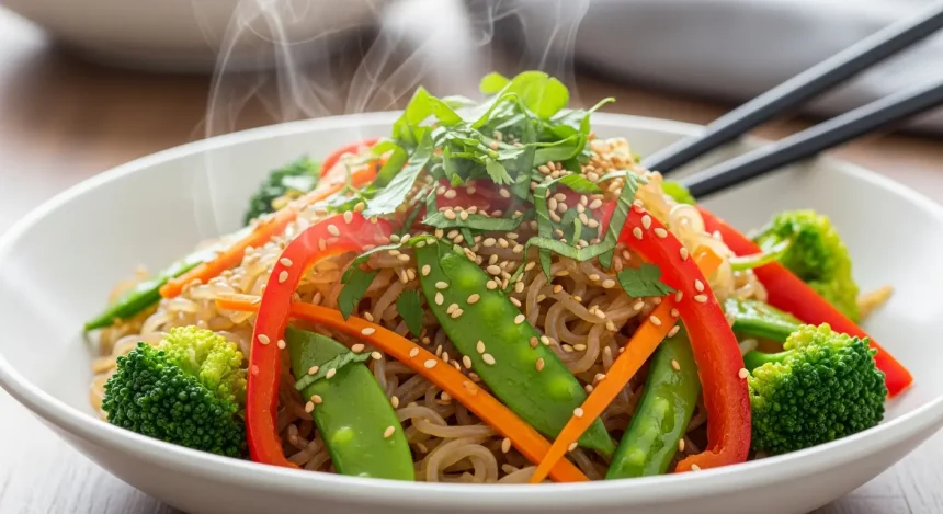 Savor Flavor low-calorie konjac noodles stir-fry served in a bowl with colorful vegetables, healthy Asian-inspired meal, light and vibrant food photography