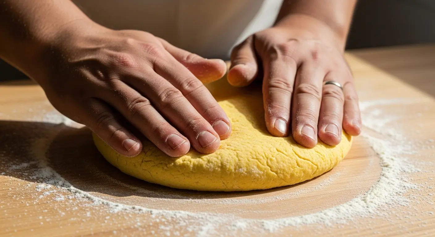 Close-up of hands gently pressing a ball of yellow corn masa dough into a thick disc shape on a wooden board lined with parchment paper.

