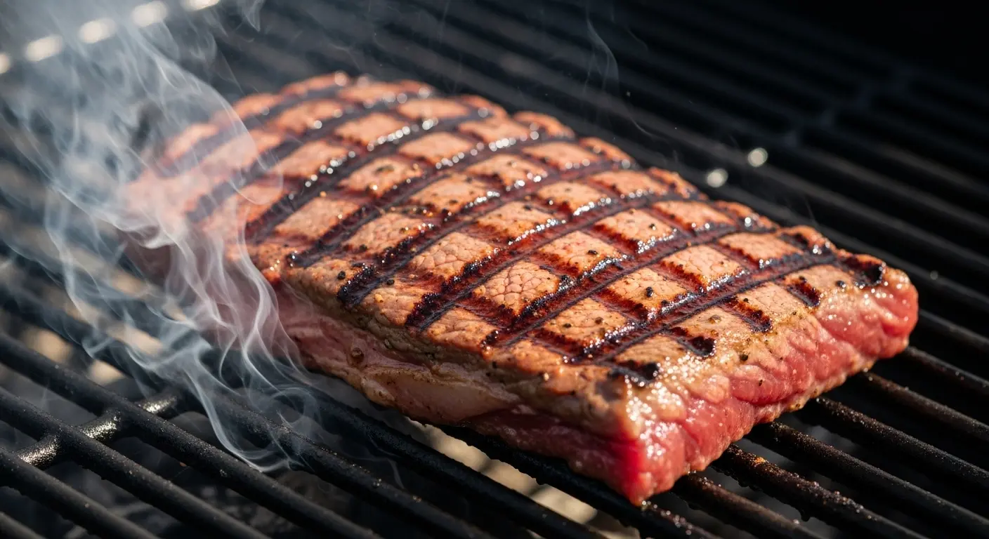 Marinated flank steak grilling on hot barbecue grill with smoke and char marks