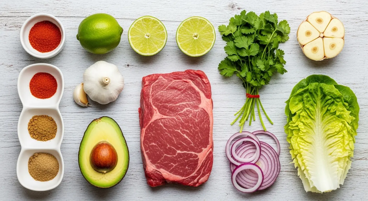 Fresh ingredients for paleo steak tacos including flank steak avocado lime garlic spices and lettuce wraps