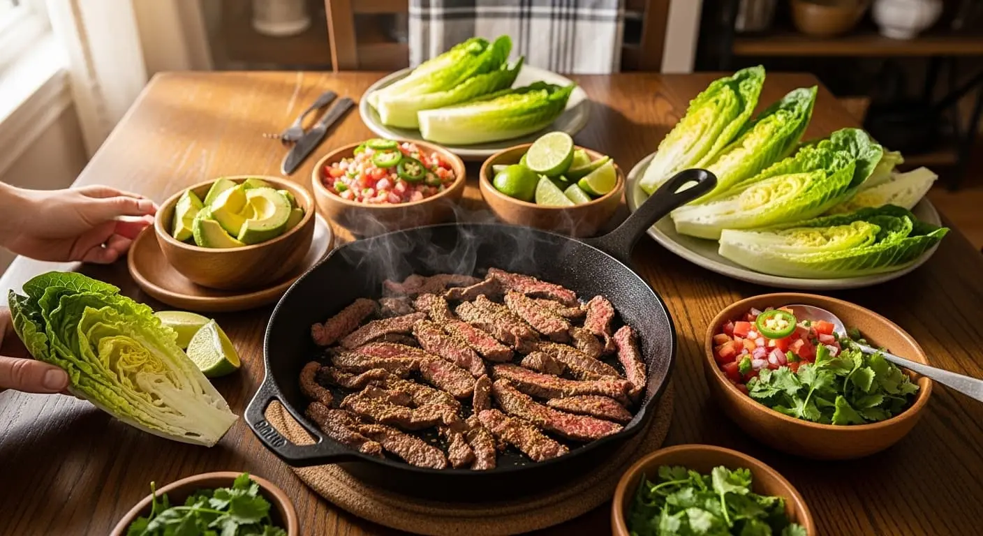 Paleo steak tacos served on wooden table with lime wedges avocado and fresh toppings