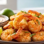 Golden crispy keto coconut shrimp served with creamy tangy dipping sauce and lime wedges