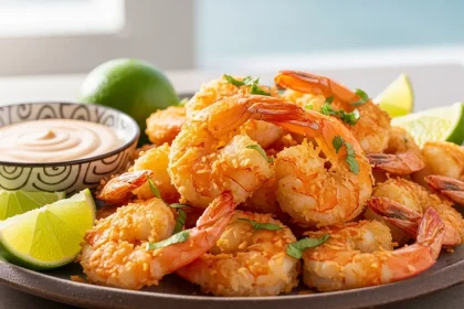 Golden crispy keto coconut shrimp served with creamy tangy dipping sauce and lime wedges