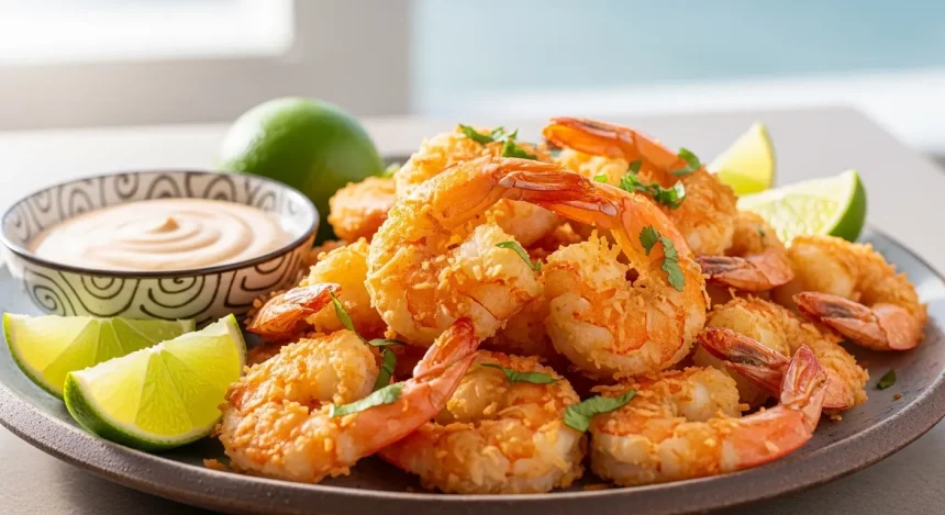 Golden crispy keto coconut shrimp served with creamy tangy dipping sauce and lime wedges