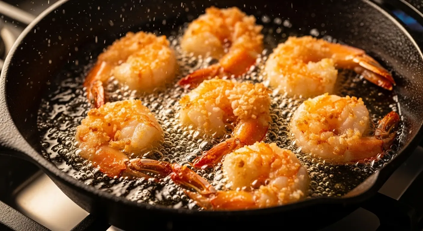 Keto coconut shrimp frying in hot oil turning golden and crispy in a pan