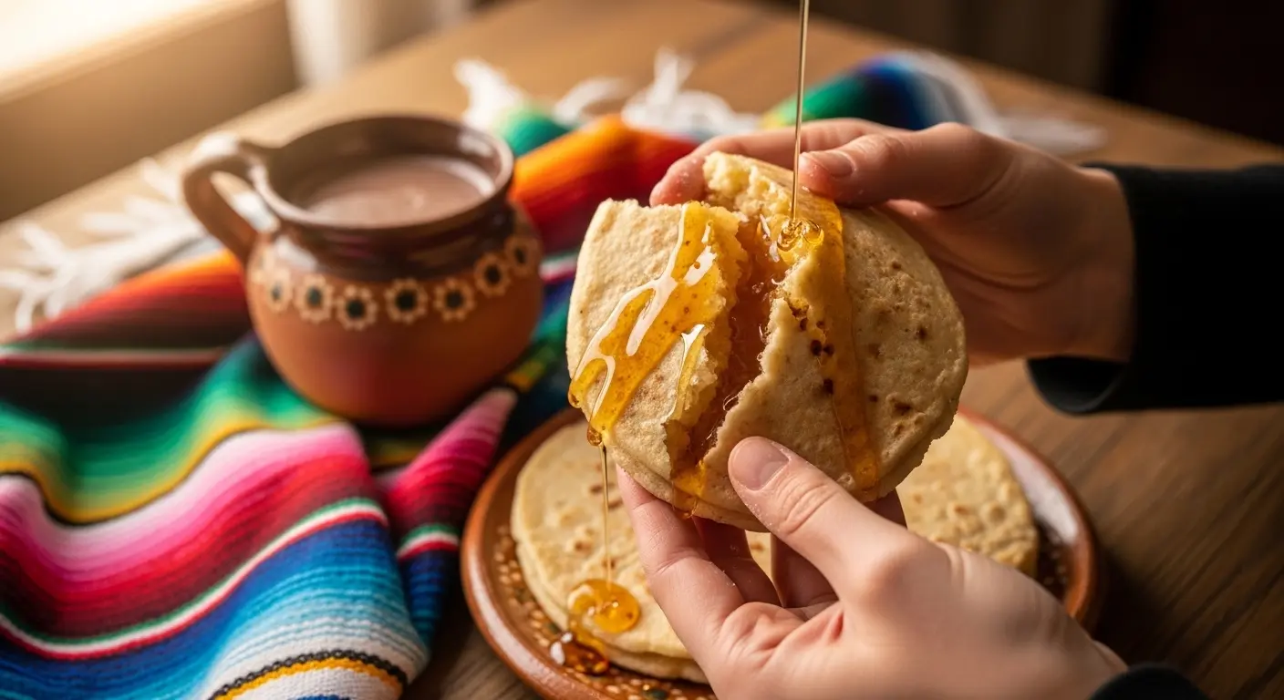 A person holding a sweet gordita drizzled with piloncillo syrup, with a steaming clay mug of Mexican hot chocolate and a serape blanket in the soft background.


