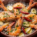 Succulent shrimp sizzling in a traditional Spanish clay dish with sliced garlic and chili flakes, submerged in golden extra virgin olive oil and garnished with fresh parsley.
