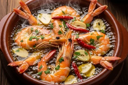Succulent shrimp sizzling in a traditional Spanish clay dish with sliced garlic and chili flakes, submerged in golden extra virgin olive oil and garnished with fresh parsley.
