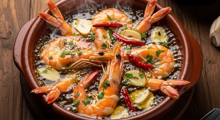 Succulent shrimp sizzling in a traditional Spanish clay dish with sliced garlic and chili flakes, submerged in golden extra virgin olive oil and garnished with fresh parsley.