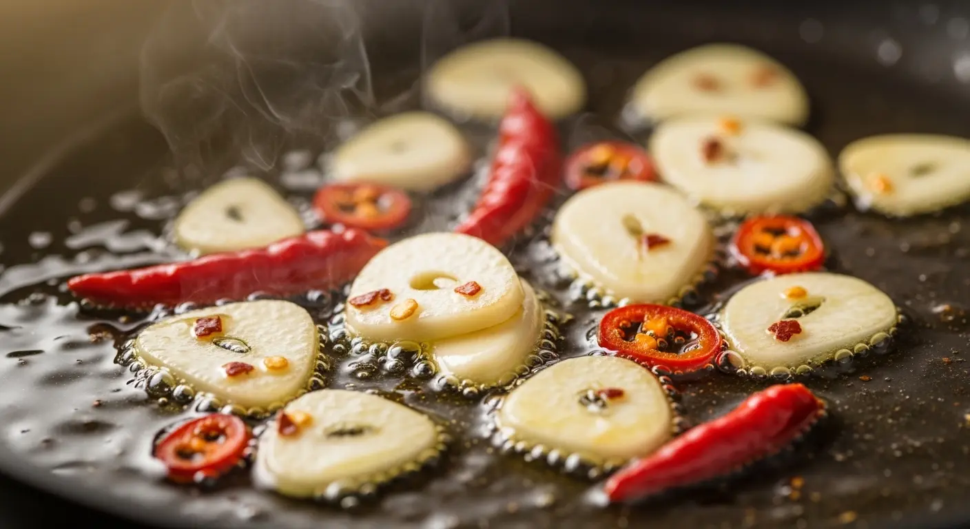 Close-up of thinly sliced garlic cloves and red chili flakes gently frying in shimmering extra virgin olive oil in a stainless steel skillet, just before adding shrimp.

