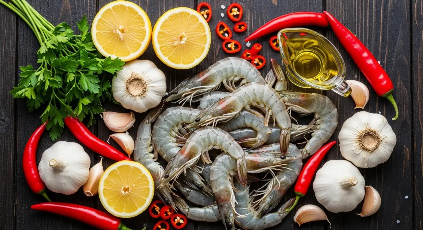Overhead flat lay of fresh gambas al ajillo ingredients including raw shrimp with tails, whole garlic heads, fresh red chilies, parsley, lemon, and a bottle of extra virgin olive oil.

