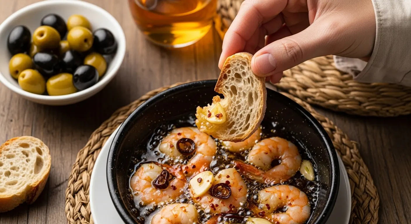 A hand dipping a piece of warm crusty bread into the golden garlic-infused olive oil of a gambas al ajillo dish
