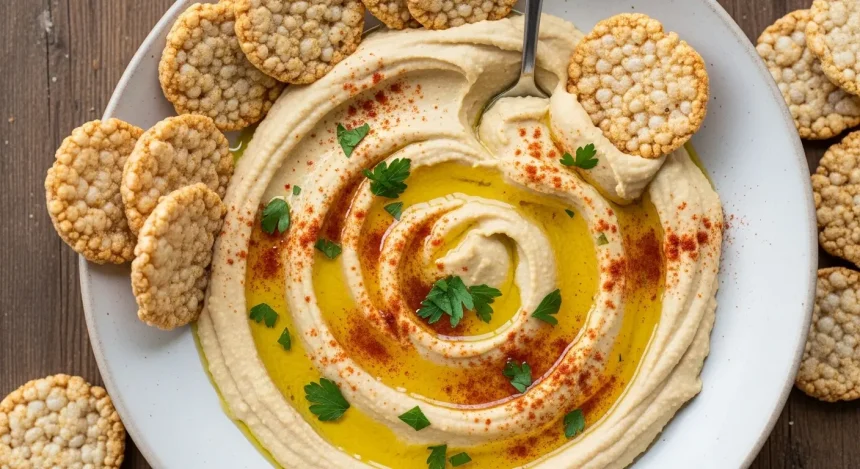 A creamy bowl of homemade gluten-free hummus drizzled with olive oil and sprinkled with paprika, surrounded by crunchy rice crackers partially dipped in the hummus on a rustic wooden board.