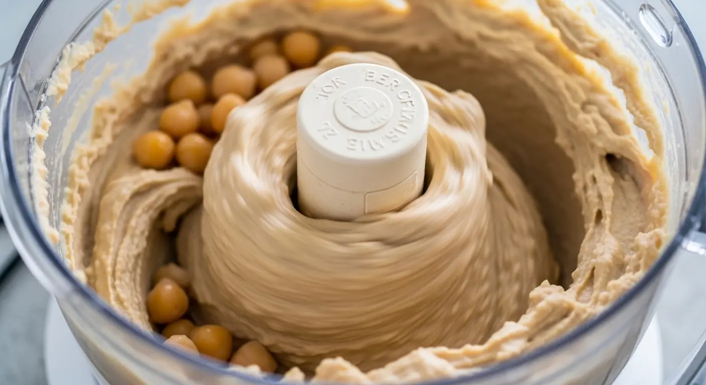 Close-up of a food processor in action, blending chickpeas, tahini, and lemon juice into a smooth, creamy gluten-free hummus, with ingredients visibly swirling inside.

