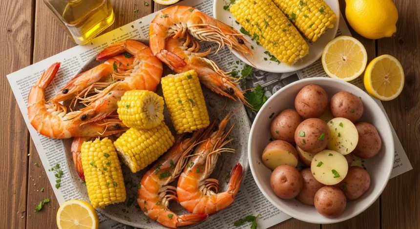 A large rustic platter filled with succulent pink shrimp, golden corn on the cob, tender red potatoes, and fresh lemon wedges, all coated in Zatarain's signature seasoned spices.