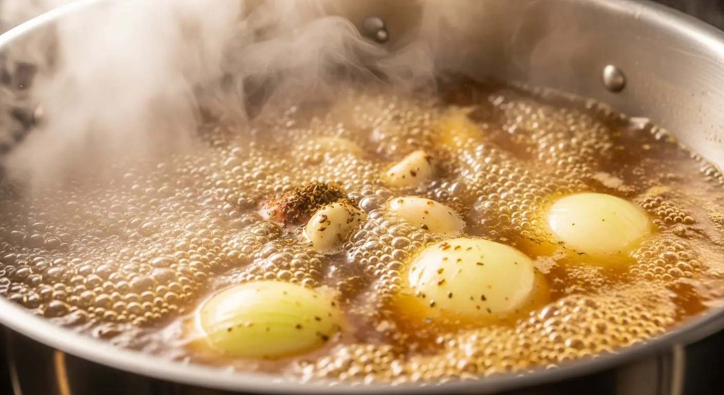 A large stockpot filled with bubbling low-sodium vegetable broth infused with Zatarain's seasoning, smoked paprika, garlic, and onion, steam rising as the flavors meld. 