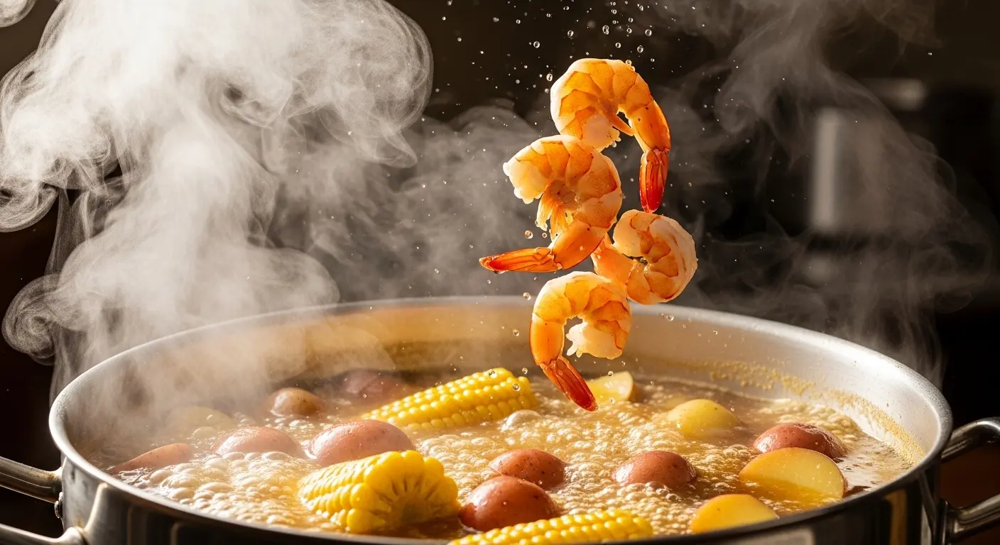 Raw shrimp being gently dropped into a large pot of bubbling Zatarain's seasoned broth, with corn and potatoes visible beneath the surface, steam rising. 
