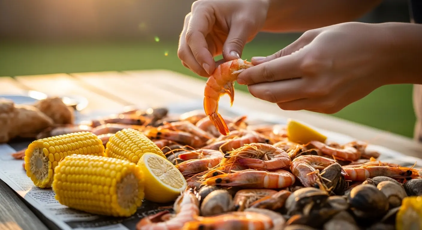 A person's hands peeling a succulent pink shrimp from a spread of low-calorie shrimp boil on a newspaper-covered table, with corn and potatoes visible in the background. 