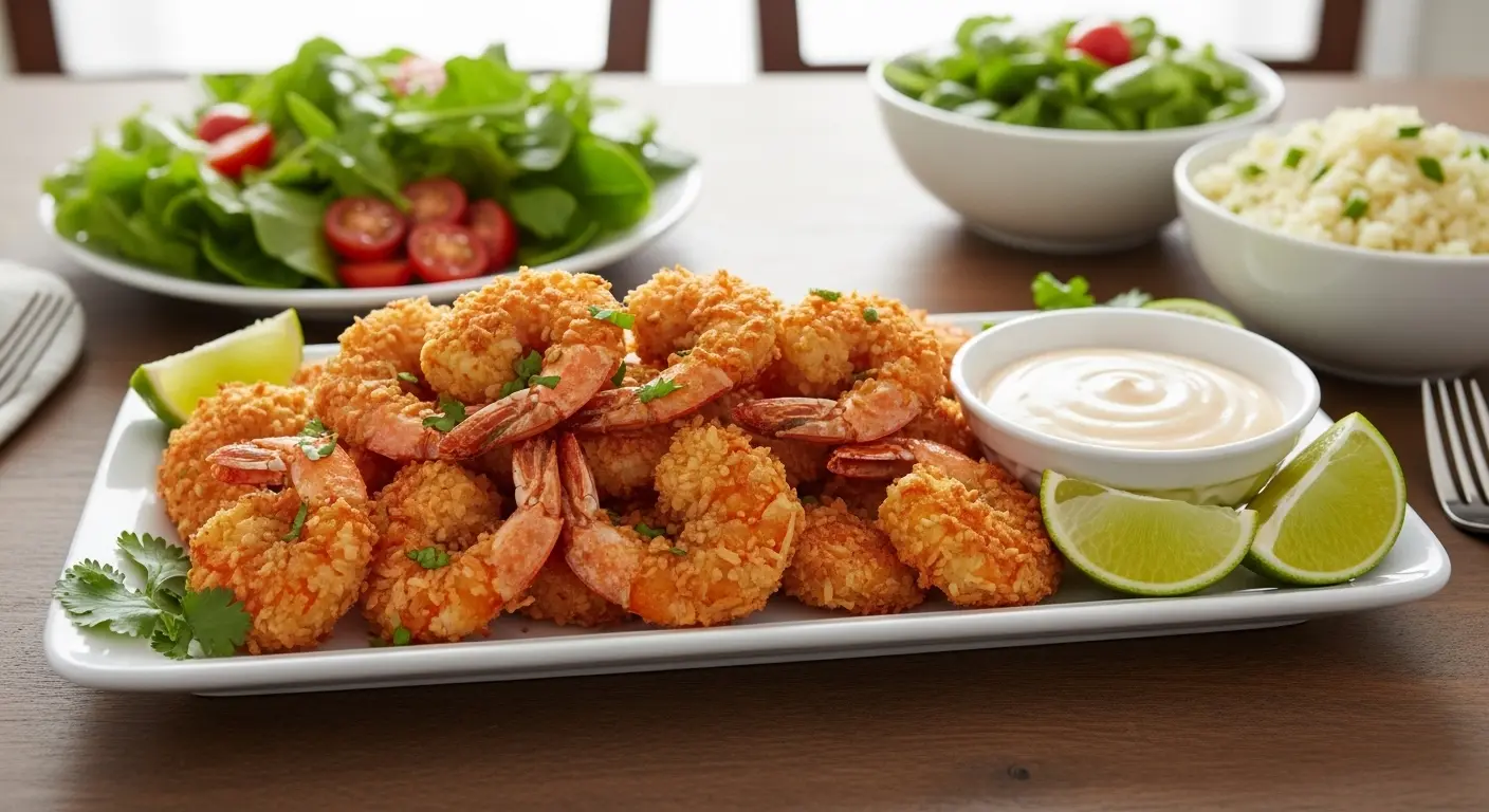 Crispy keto coconut shrimp platter on dining table with dipping sauce lime and herbs