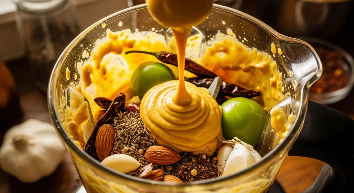 Blender filled with yellow mole sauce ingredients including chilies tomatillos and spices