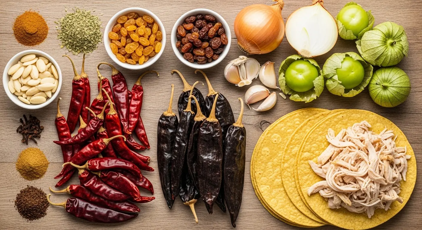 Dried chilies tomatillos almonds tortillas chicken and spices arranged for yellow mole enchiladas