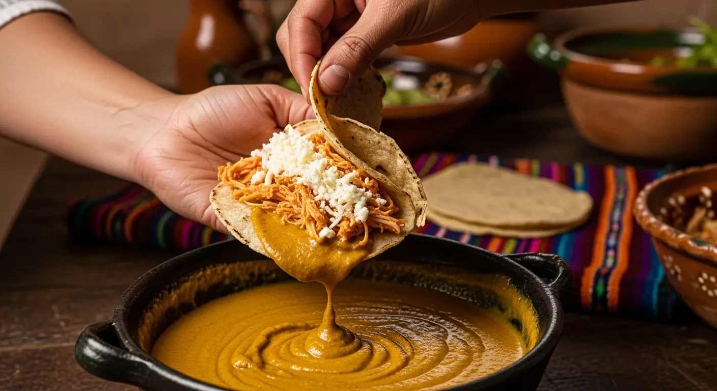 Corn tortilla dipped in yellow mole sauce filled with shredded chicken and cheese