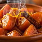 Candied sweet potatoes simmered in cinnamon piloncillo syrup served in rustic clay bowl