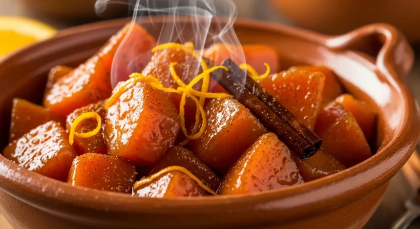 Candied sweet potatoes simmered in cinnamon piloncillo syrup served in rustic clay bowl