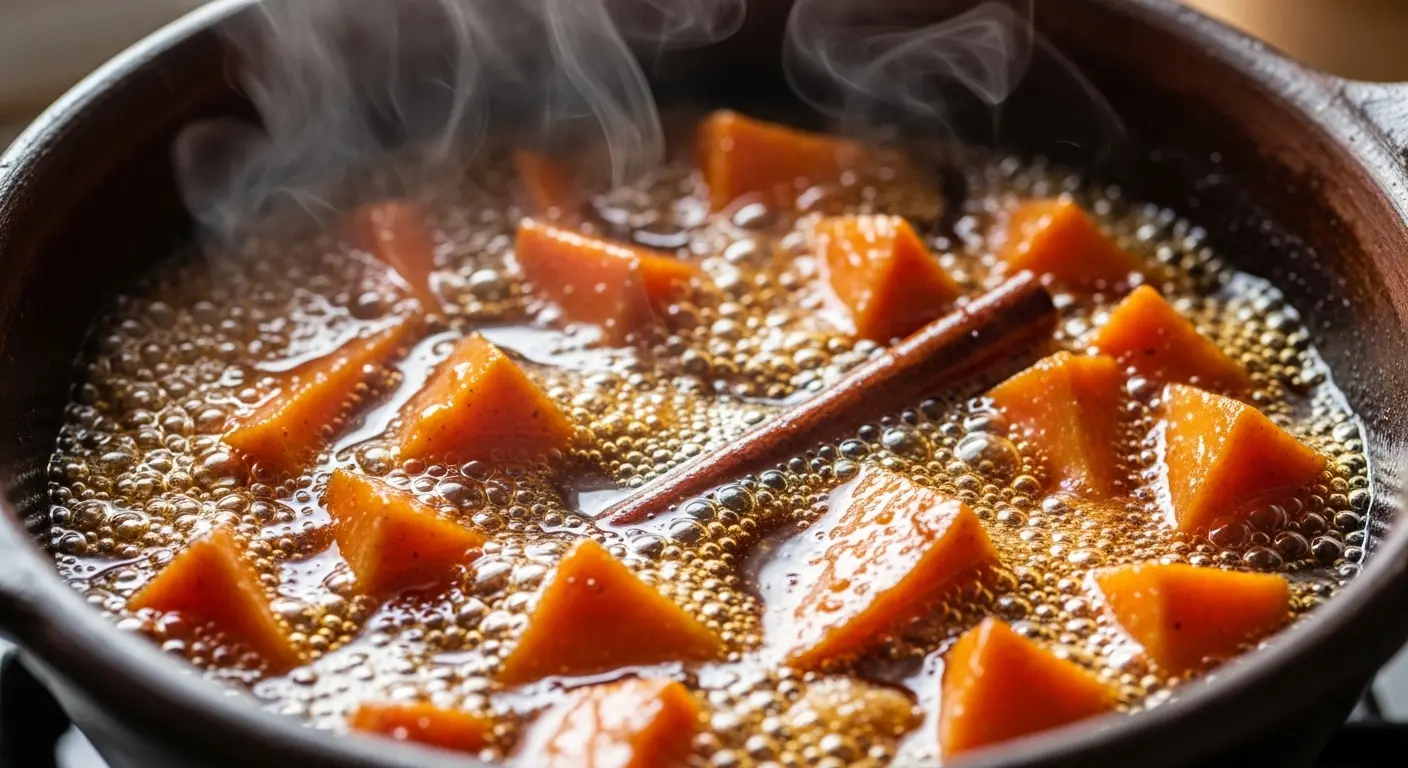 Sweet potato chunks cooking in cinnamon brown sugar syrup in saucepan