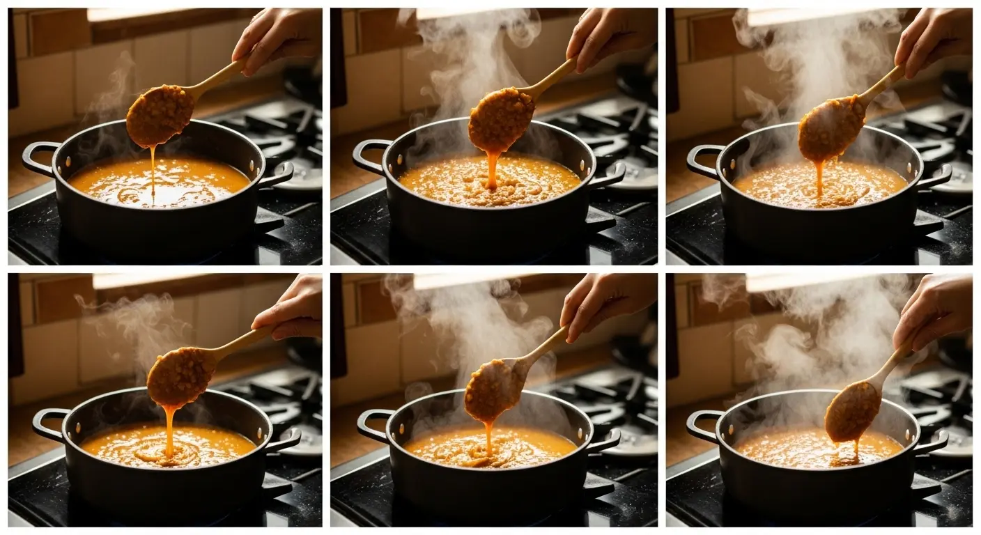 Step by step cooking process of candied sweet potatoes simmering in cinnamon piloncillo syrup in saucepan
