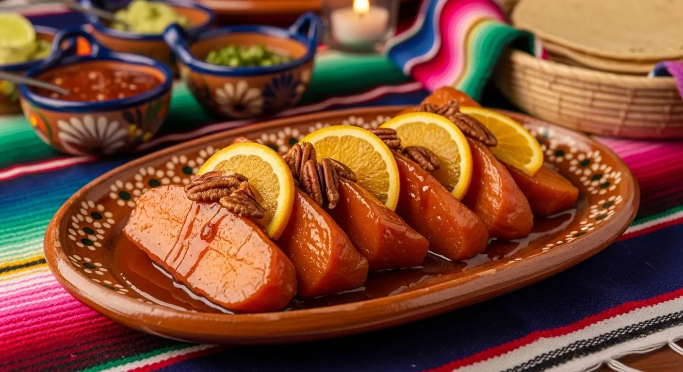 Candied sweet potatoes garnished with orange slices and toasted pecans on rustic plate
