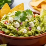Creamy feta cheese guacamole topped with crumbled Greek feta cilantro and olive oil served with tortilla chips