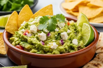 Creamy feta cheese guacamole topped with crumbled Greek feta cilantro and olive oil served with tortilla chips