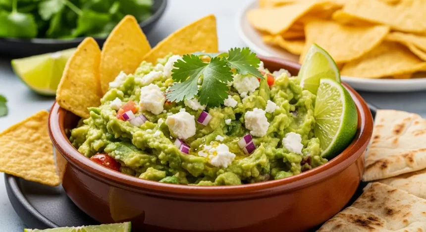 Creamy feta cheese guacamole topped with crumbled Greek feta cilantro and olive oil served with tortilla chips
