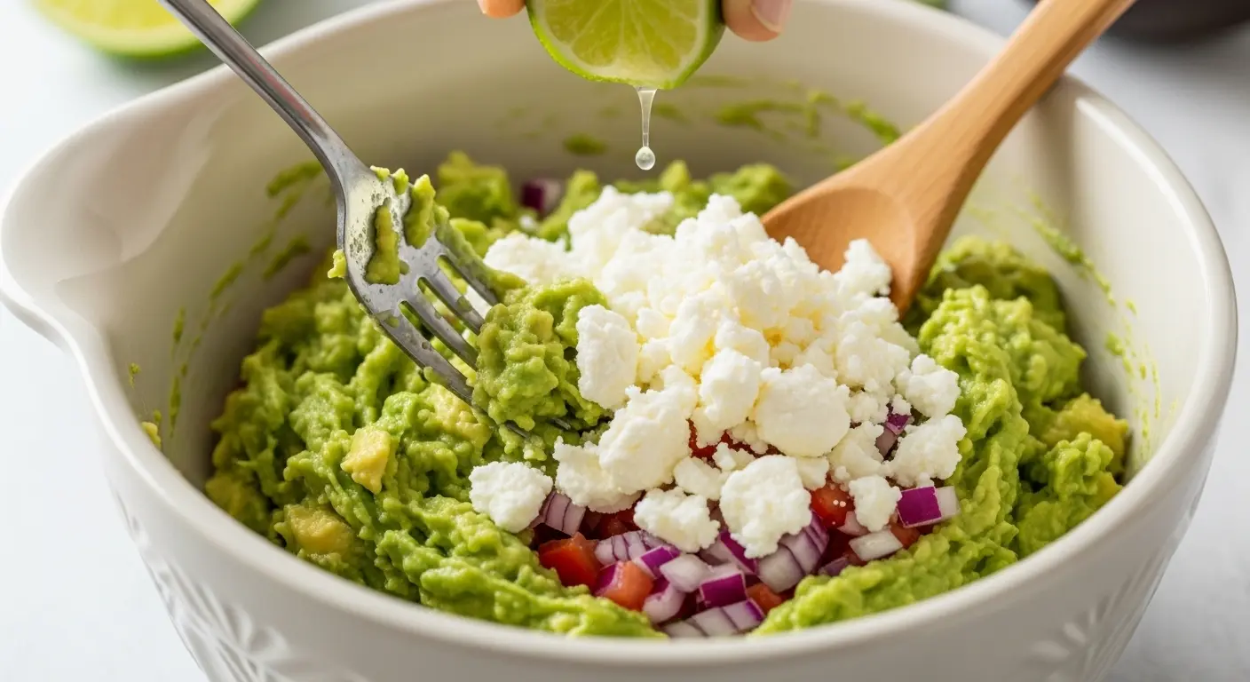 Step by step preparation of feta cheese guacamole with mashed avocado lime juice and crumbled Greek feta in mixing bowl