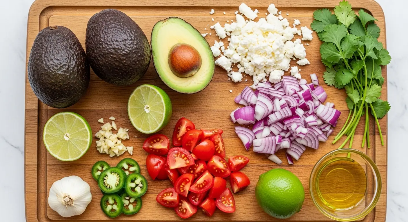 Ripe avocados, crumbled feta, diced red onion, chopped tomatoes, lime, jalapeño, garlic, olive oil, and fresh cilantro arranged on a wooden cutting board, ready for making guacamole