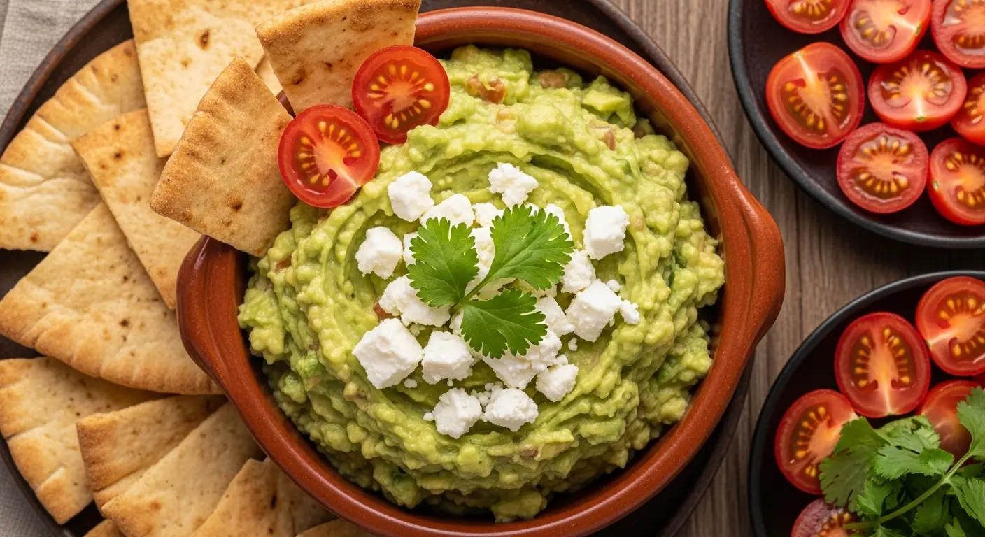 Creamy feta cheese guacamole garnished with fresh cilantro in rustic terracotta bowl, served with pita chips and cherry tomatoes on the side
