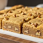 Golden sugar-free blondies cut into squares on parchment paper, showing a soft chewy texture with walnuts and a caramel-colored crumb, styled in natural light