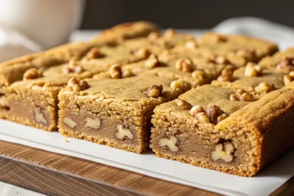 Golden sugar-free blondies cut into squares on parchment paper, showing a soft chewy texture with walnuts and a caramel-colored crumb, styled in natural light