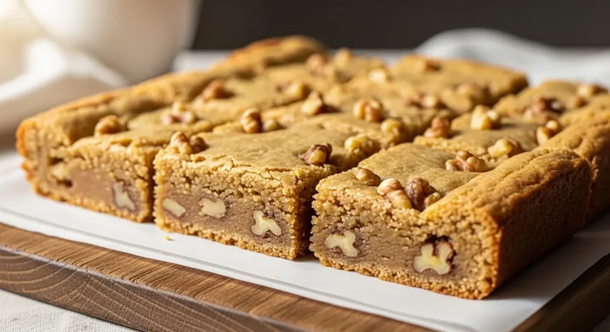 Golden sugar-free blondies cut into squares on parchment paper, showing a soft chewy texture with walnuts and a caramel-colored crumb, styled in natural light