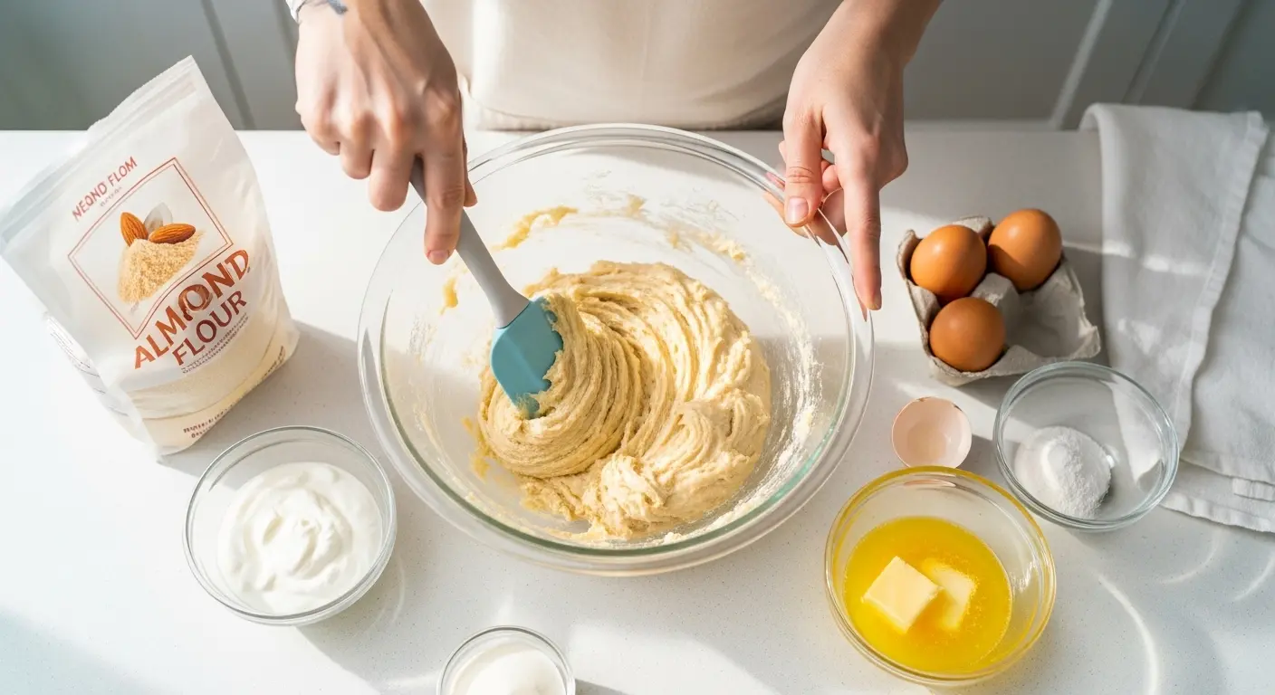 Baker folding blondie batter in a glass bowl with spatula, showing thick creamy sugar-free batter made with almond flour and natural sweeteners